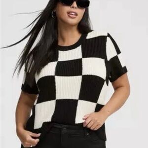 Torrid Checkerboard Knit Short Sleeve Sweater - Black & Off-White/Cream